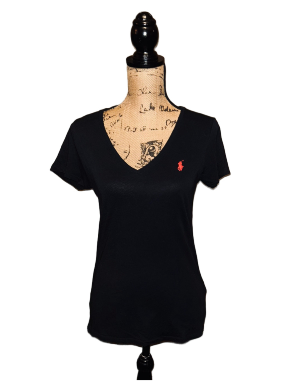 Women's Polo Ralph Lauren V-Neck Tee - Black & Red - Size L